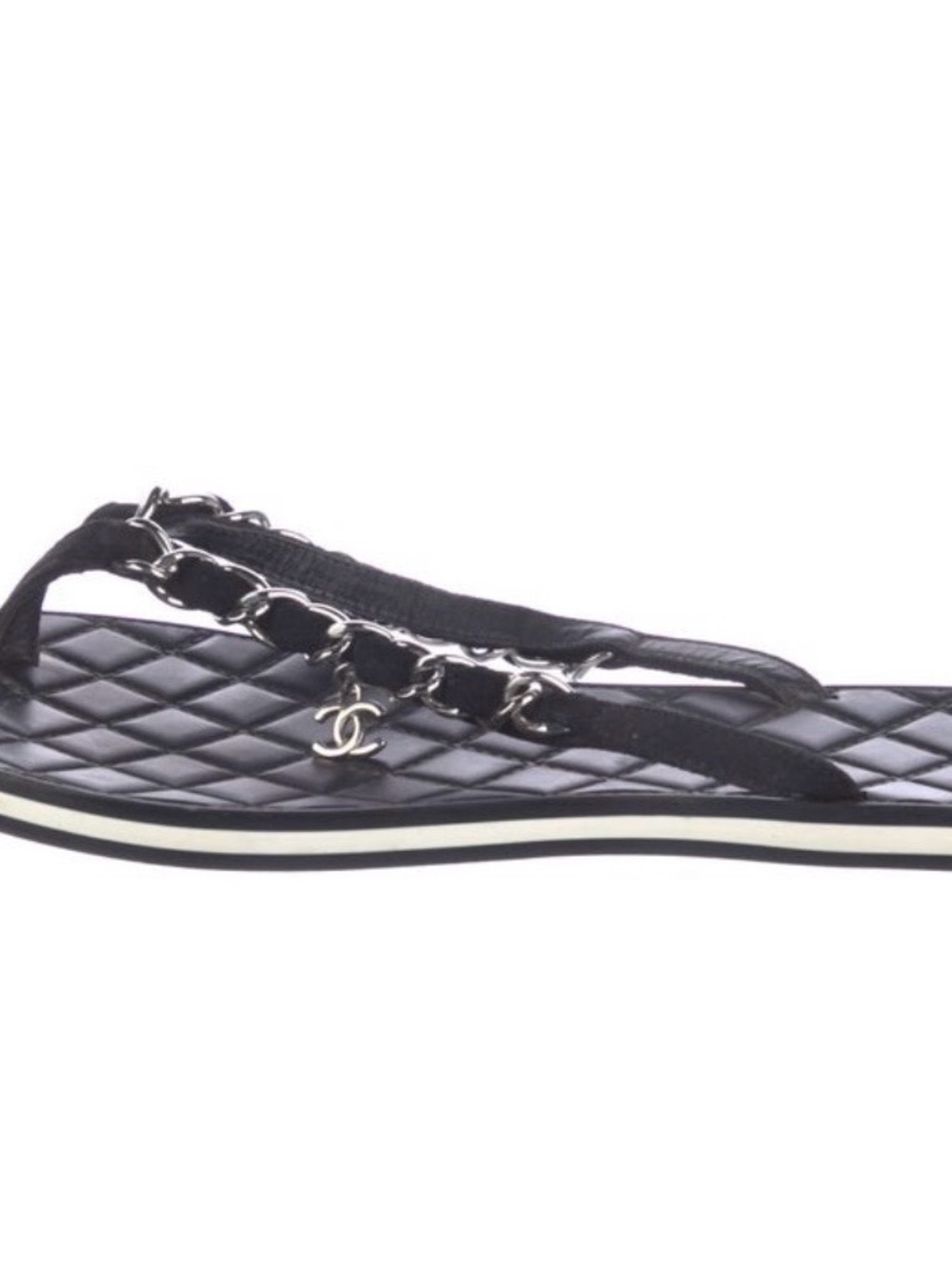 CHANEL Black Quilted Chain-Accent Flip Sandals
